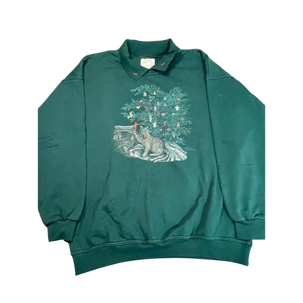 Northern Treasures Graphic Sweatshirt Green Cat Christmas Tree Collar Women L